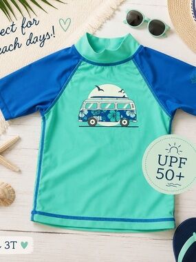 Kids 3T UPF 50+ Mint & Blue Camper Van Rash Guard
